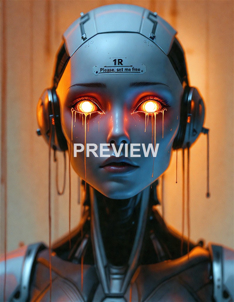 A humanoid robot with a metallic face, glowing eyes with orange tears, and wearing a headset, set against a warm background.